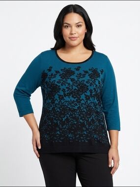 Floral Lace Pattern Knit Sweater Y2K Dark Academia Teal Black Size Large